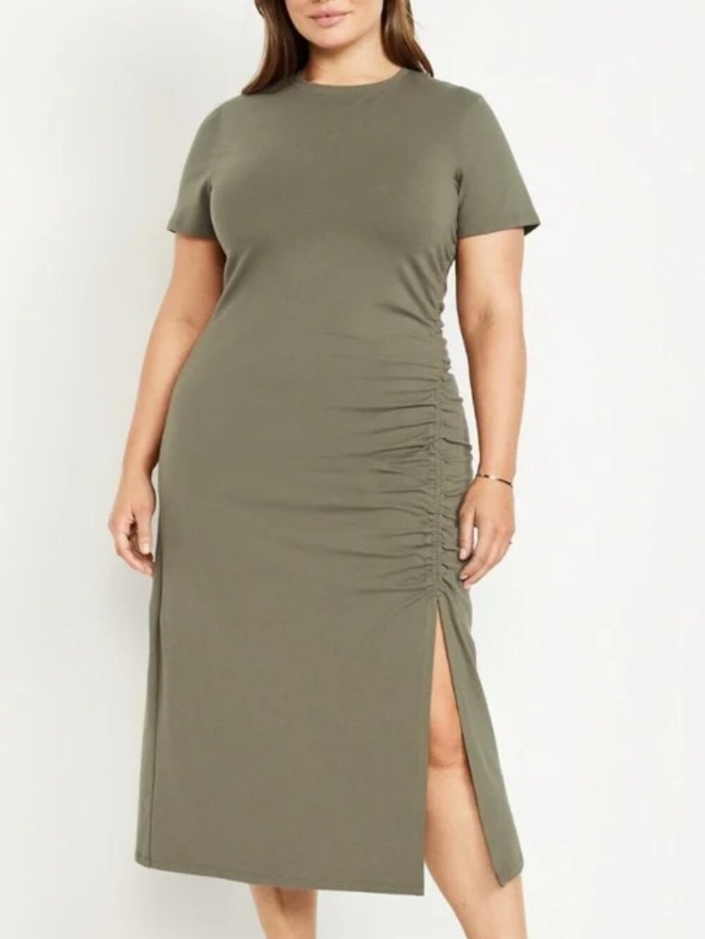 Old Navy Short Sleeve Olive Green Ruched Midi Dress